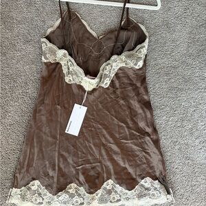 Reformation Brown and Cream Lace Chemise